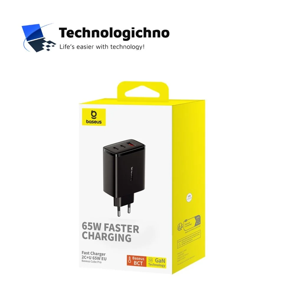 Зарядно Baseus 220V 65W 2xType C+USB A Black