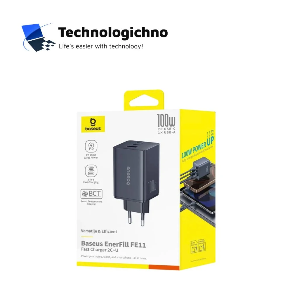  Зарядно Baseus 220V 100W 2xType C+USB A Black